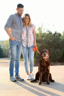 Onların kahverengi labrador geri almak açık havada yürüyüş sahipleri