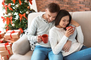 Mutlu genç çift Noel 'i evde kutluyor.