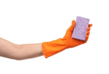 Sünger beyaz arka plan üzerinde tutan kadın. Temizleme Servisi