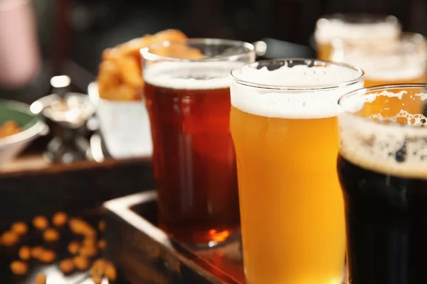 Glasses Tasty Beer Wooden Table Closeup — Stock Photo, Image