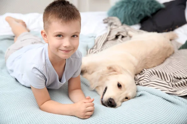 Criança Bonito Com Seu Animal Estimação Cama Casa — Fotografia de Stock