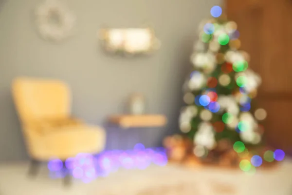 Wazig Zicht Kamer Met Mooie Kerstboom — Stockfoto