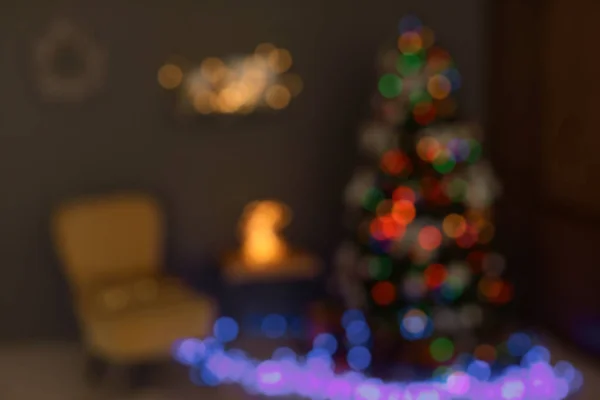 Rozmazaný Pohled Pokoj Krásnou Vánoční Stromeček — Stock fotografie