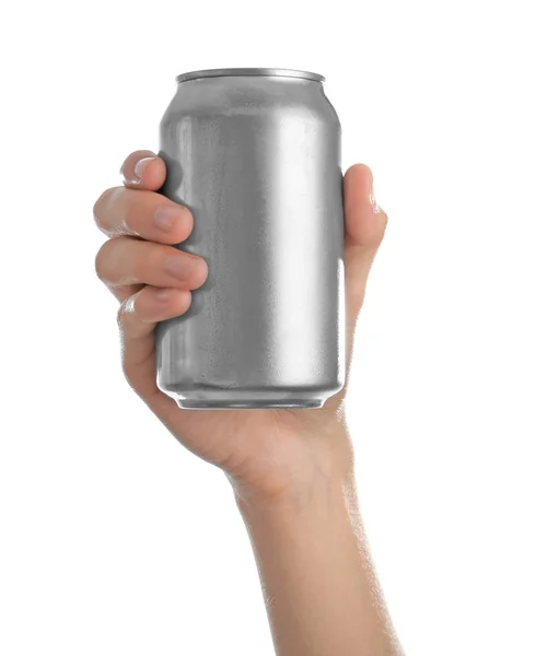 Vrouw Bedrijf Aluminium Kan Met Drank Witte Achtergrond — Stockfoto