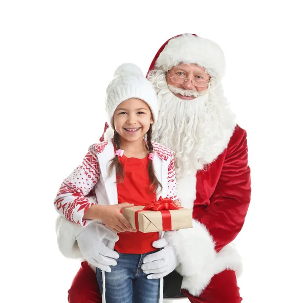 Holčička Autentické Santa Claus Bílém Pozadí — Stock fotografie