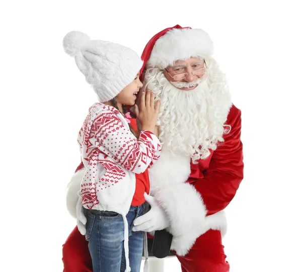 Malá Holčička Šeptá Ucha Autentické Santa Claus Proti Bílému Pozadí — Stock fotografie
