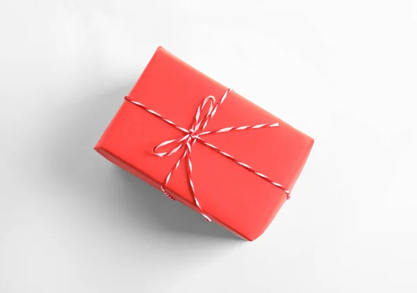 Beautifully Wrapped Gift Box White Background Top View — Stock Photo, Image