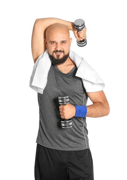 Homem Com Excesso Peso Fazendo Exercício Com Halteres Fundo Branco — Fotografia de Stock