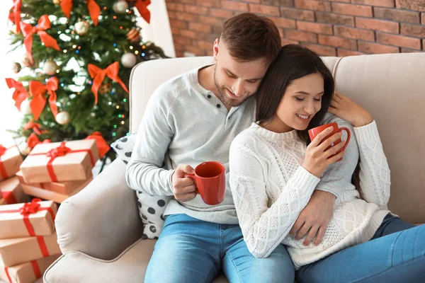 Happy Young Couple Celebrating Christmas Home — Stock Photo, Image