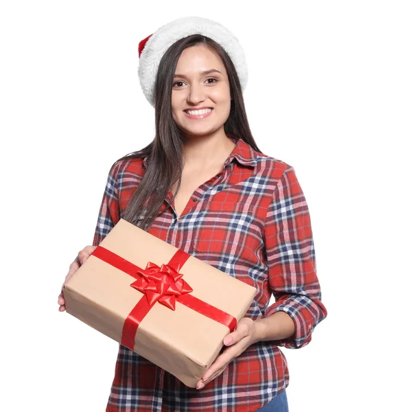 白い背景の上のクリスマスのギフトを持つ若い女性 — ストック写真