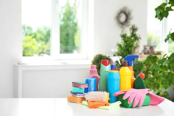 Set Cleaning Supplies Table Indoors — Stock Photo, Image