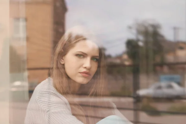 Depressed Young Woman Window View — Stock Photo, Image
