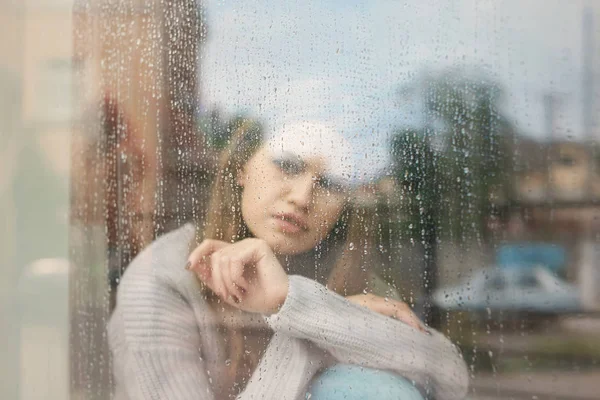 Depressed Young Woman Window View — Stock Photo, Image