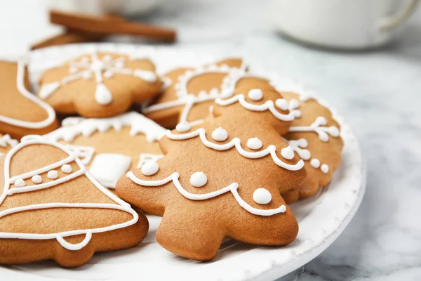 Plate Tasty Homemade Christmas Cookies Table Closeup — Stock Photo, Image