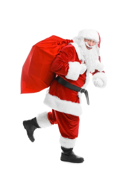 Auténtico Santa Claus Con Bolsa Roja Llena Regalos Sobre Fondo — Foto de Stock