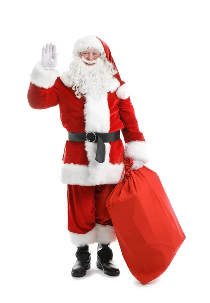 Настоящий Санта Клаус Красной Сумкой Полной Подарков Белом Фоне — стоковое фото