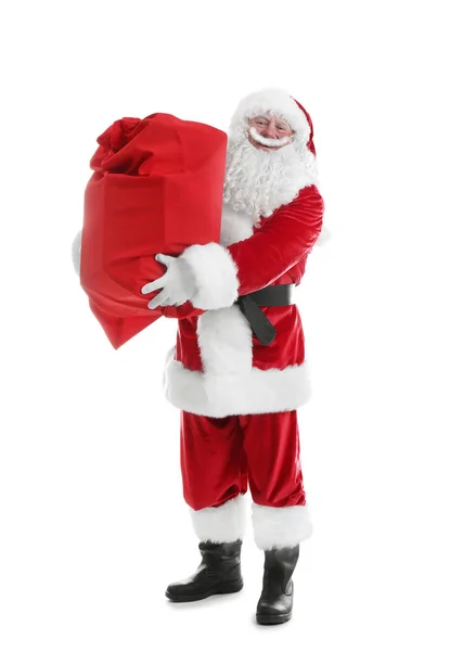 Автентичний Санта Клауса Червоним Сумкою Повною Подарунки Білому Тлі — стокове фото