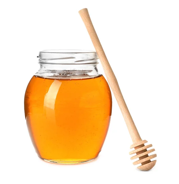 Glas Mit Köstlichem Honig Und Pfeffer Auf Weißem Hintergrund — Stockfoto