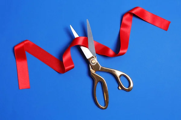 Ribbon Scissors Color Background Top View Ceremonial Red Tape Cutting — Stock Photo, Image