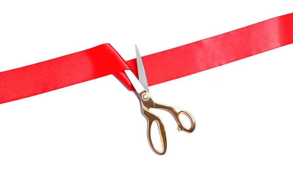 Ribbon Scissors White Background Top View Ceremonial Red Tape Cutting — Stock Photo, Image