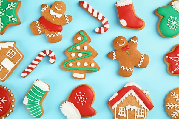 背景色 トップ ビューでおいしい自家製クリスマス クッキー — ストック写真
