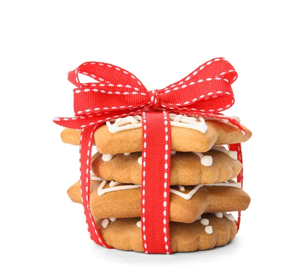 Tasty Homemade Christmas Cookies Tied Ribbon White Background — Stock Photo, Image