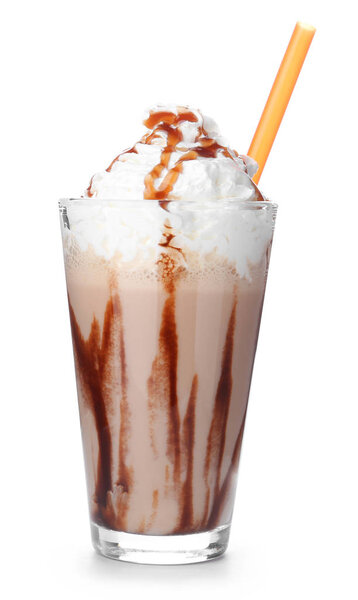 Glass with delicious milk shake on white background