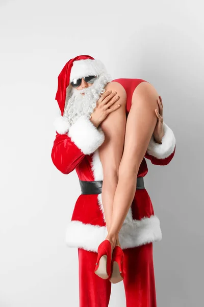 Young Santa Claus Holding Sexy Naked Woman White Background — Stock Photo, Image