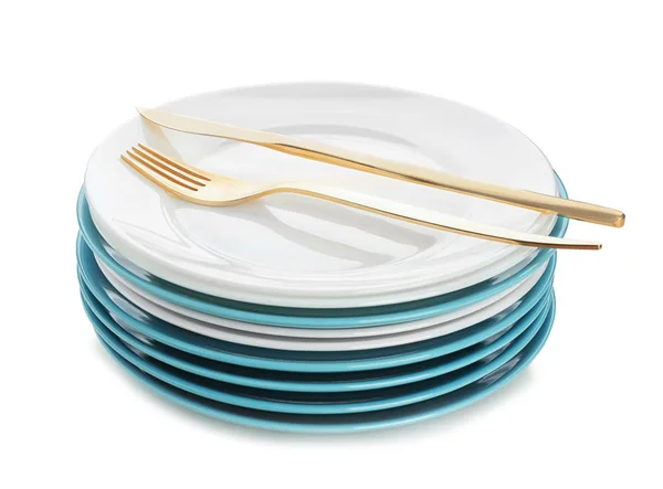 Stack Plates Fork Knife White Background — Stock Photo, Image