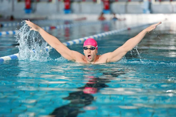 Young athletic man swimming in pool