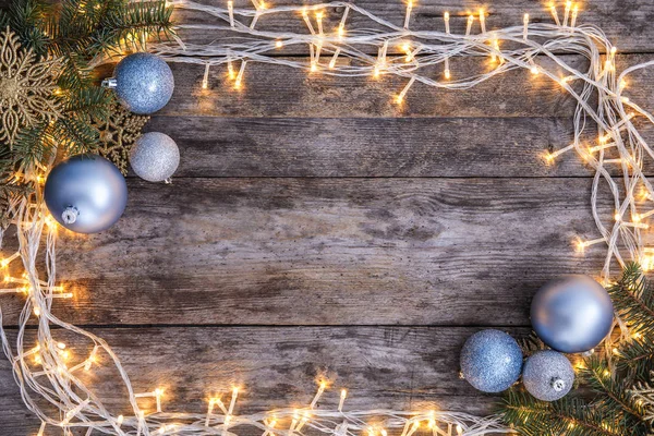 Plat Lag Samenstelling Met Kerstdecoratie Houten Achtergrond — Stockfoto