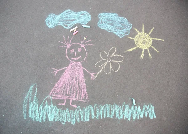 Child Chalk Drawing Girl Asphalt Top View — Stock Photo, Image