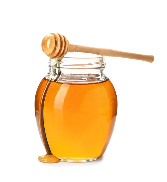 Jar Delicious Honey Dipper White Background Royalty Free Stock Photos