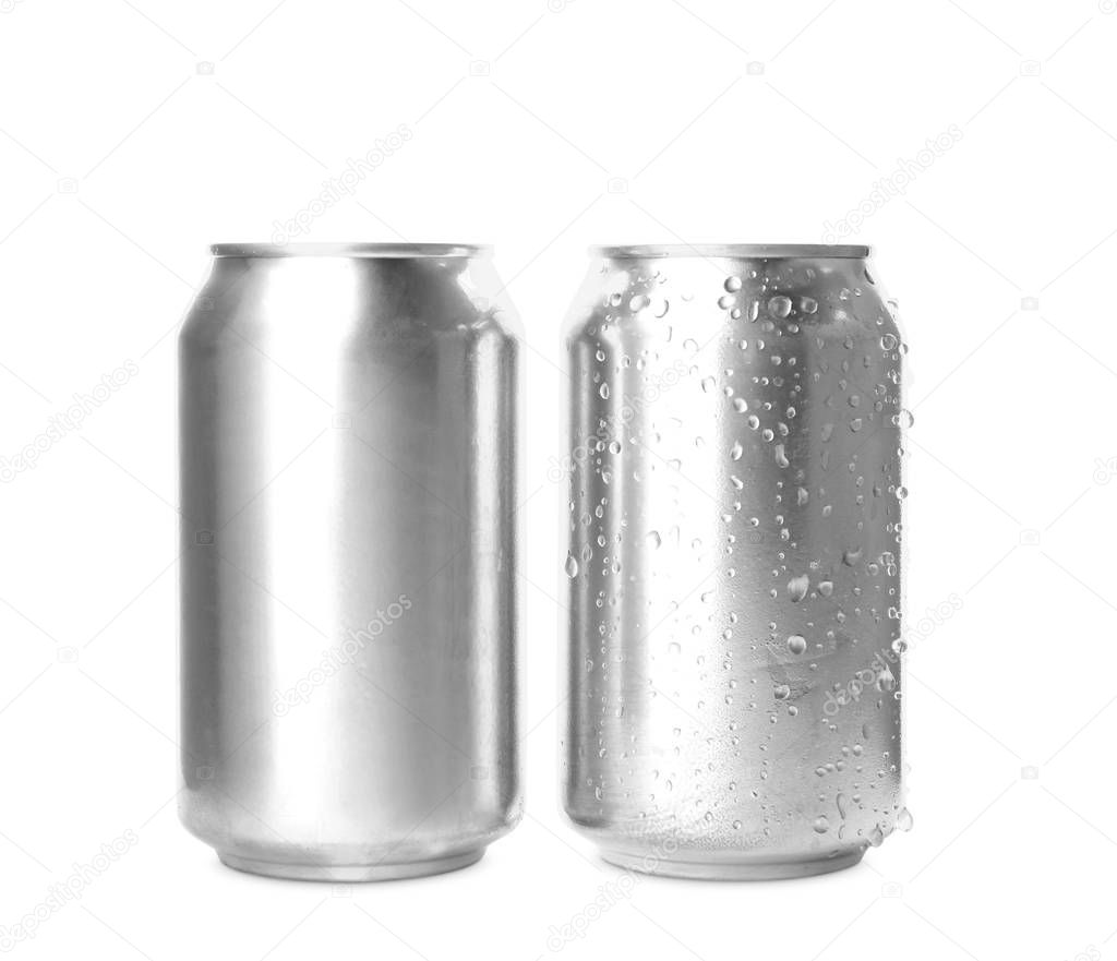 Aluminium cans of beverage on white background