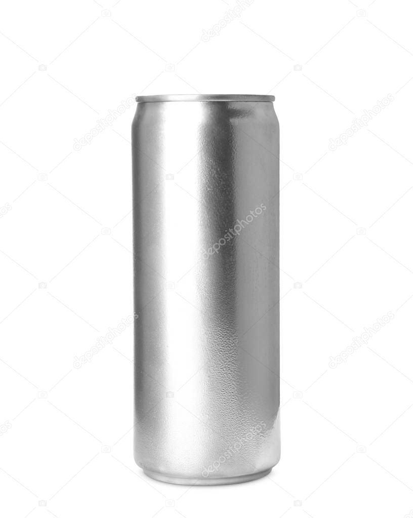 Aluminium can of beverage on white background