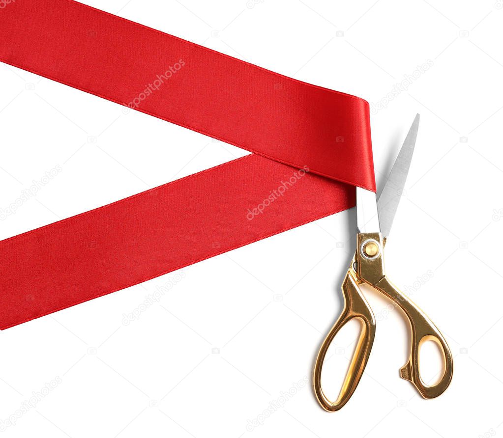 Ribbon and scissors on white background, top view. Ceremonial red tape cutting