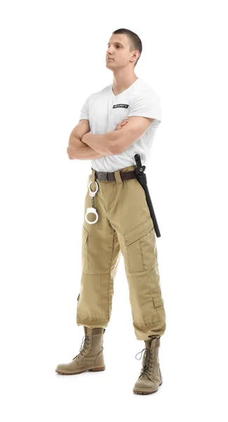 Guardia Seguridad Masculino Uniforme Sobre Fondo Blanco — Foto de Stock