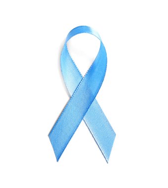 Beyaz arka plan, üstten görünüm olarak blue ribbon. Kanseri bilinçlendirme
