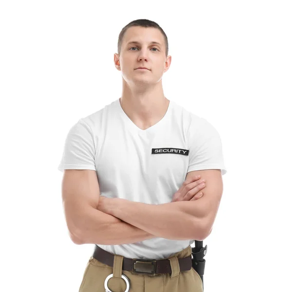 Männlicher Wachmann Uniform Auf Weißem Hintergrund — Stockfoto