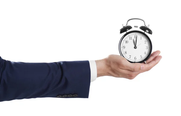 Junger Geschäftsmann Mit Uhr Auf Weißem Hintergrund Zeitmanagement — Stockfoto