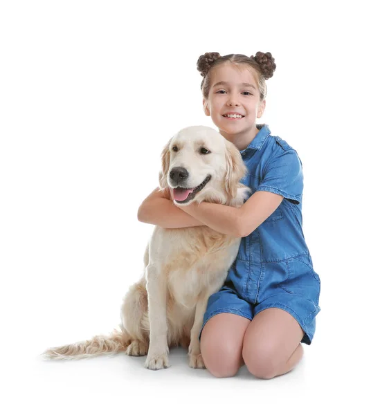 Schattig Kindje Met Haar Huisdier Witte Achtergrond — Stockfoto