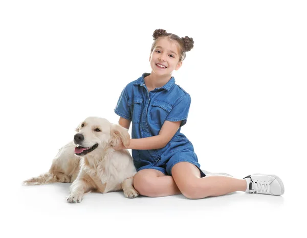 Cute Little Child Her Pet White Background — Stock Photo, Image