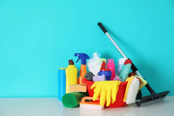 Set Cleaning Supplies Table Indoors — Stock Photo, Image