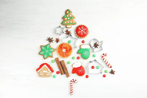 Christmas Tree Shape Made Tasty Homemade Cookies Wooden Background Top — Stock Photo, Image