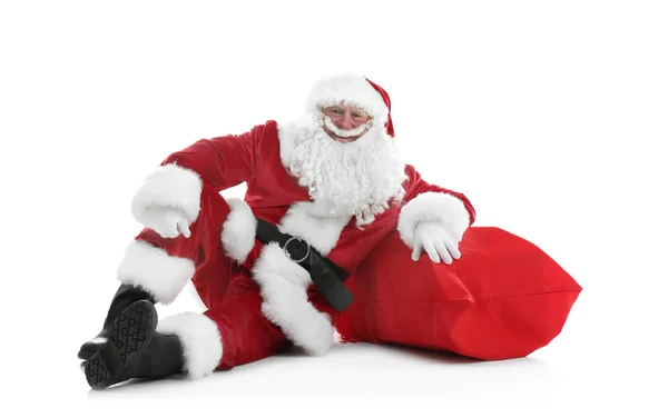 Auténtico Santa Claus Con Gran Bolsa Roja Llena Regalos Sentados — Foto de Stock