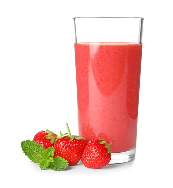 Verre Avec Smoothie Aux Fraises Savoureux Sur Fond Blanc — Photo