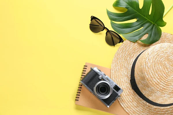 Lägenheten Låg Sammansättning Med Snygg Hatt Kamera Och Solglasögon Färgbakgrund — Stockfoto