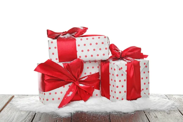 Christmas Gift Boxes Snow Table White Background — Stock Photo, Image