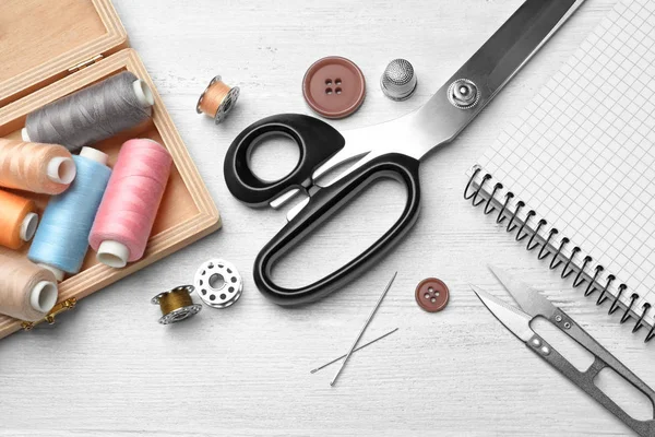 Flat Lay Composition Accessories Tailoring Wooden Table — Stock Photo, Image