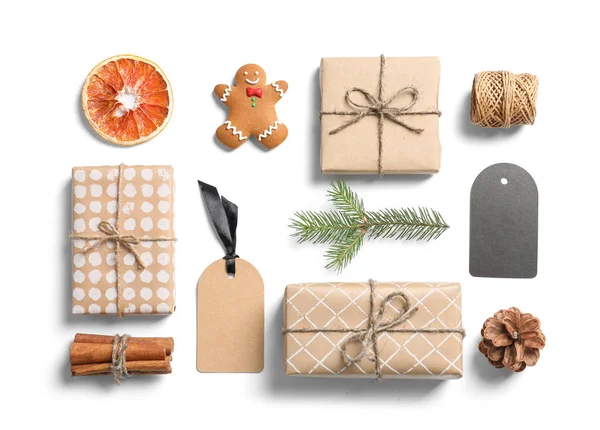 Flat Lay Composition Christmas Gifts White Background — Stock Photo, Image